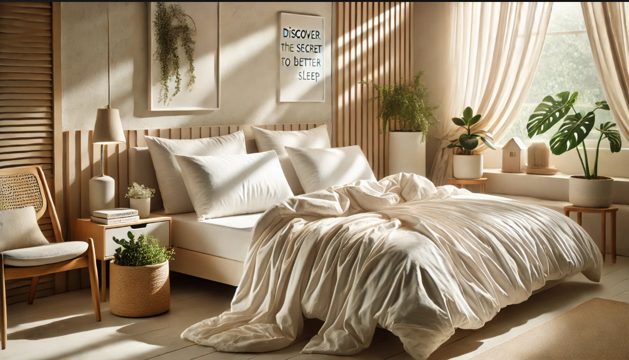 A serene bedroom setup featuring a neatly styled bed with luxurious white bamboo sheets.