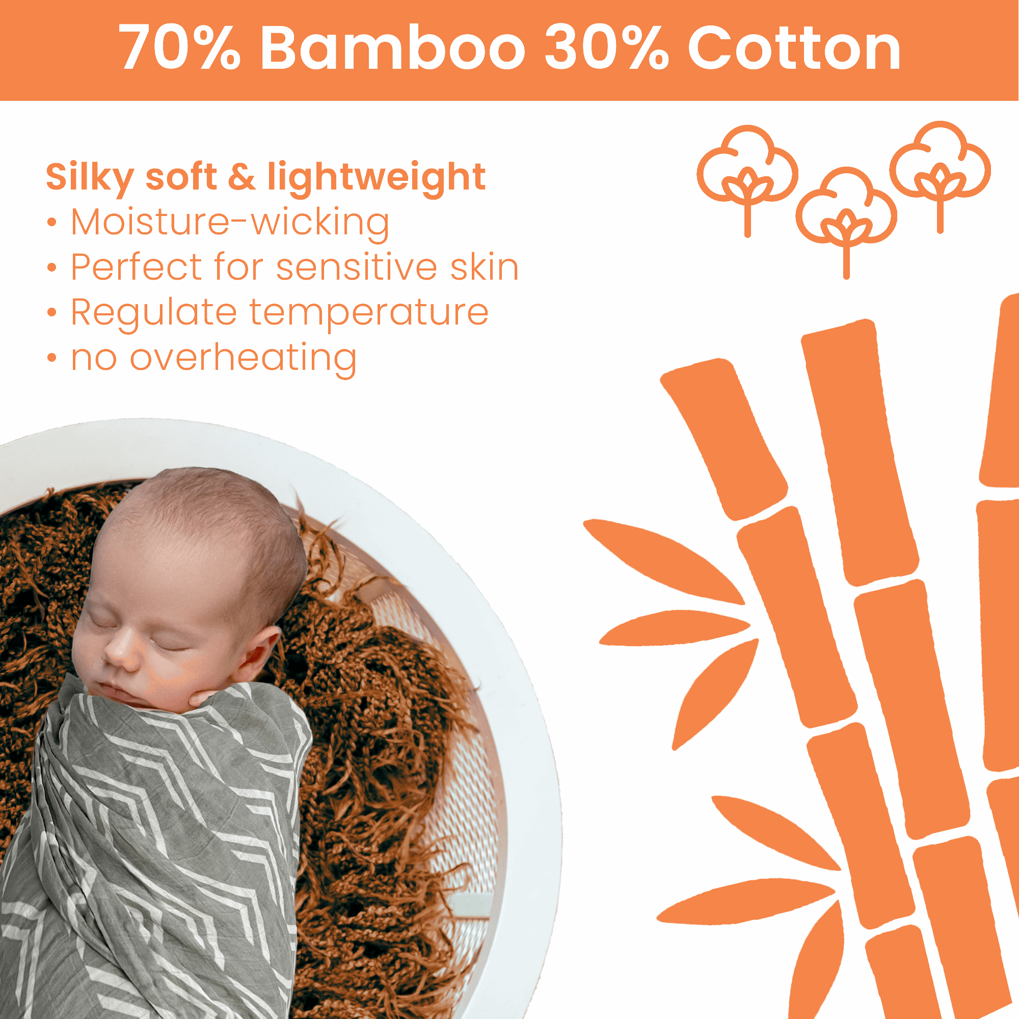 Premium Baby Swaddle Blanket for Boys and Girls - 70% Viscose Made from Bamboo, 30% Cotton - 47x47 Inches - 2 Pack- Gray