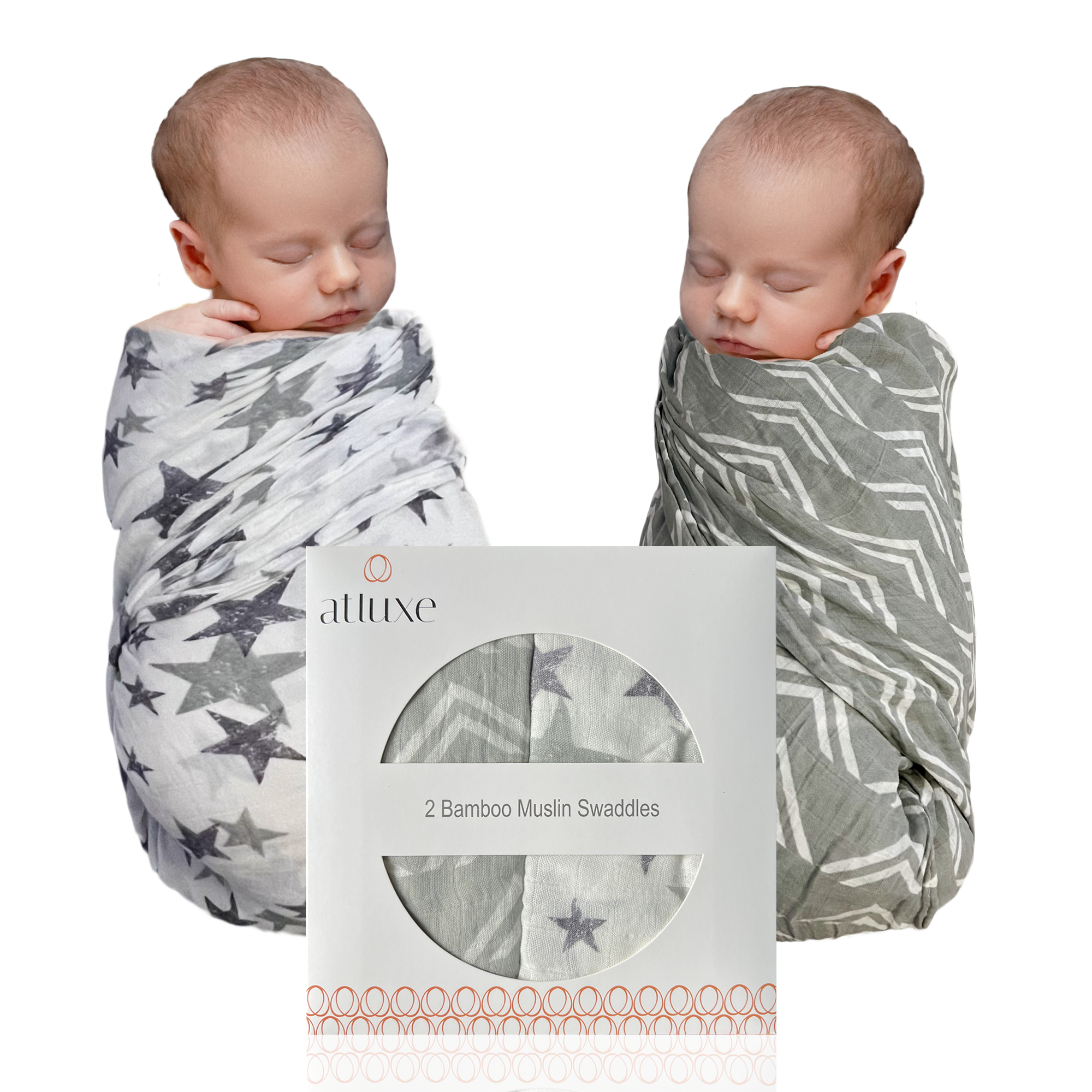 Receiving baby blankets. Babies wrapped in gray Atluxe blankets 